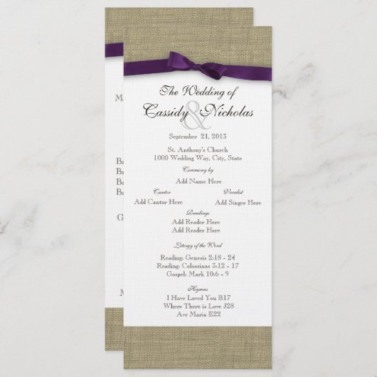 Burlap- en Paarse weddenschappen Programmakaart (Voorkant / Achterkant)