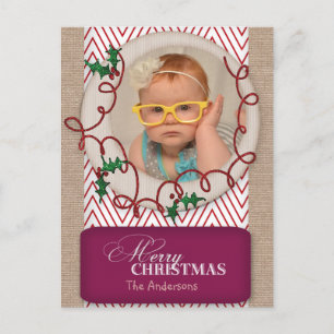 Burlap- en Red Chevron-kerstfotokaart Feestdagenkaart