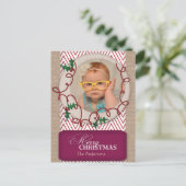 Burlap- en Red Chevron-kerstfotokaart Feestdagenkaart (Staand voorkant)