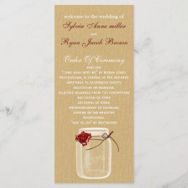 Burlap en Red Rose Mason Jar Wedding Programma Programmakaart