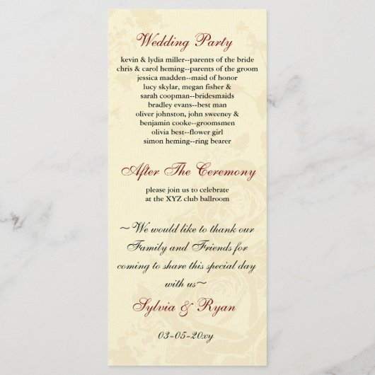 Burlap en Red Rose Mason Jar Wedding Programma Programmakaart (Achterkant)