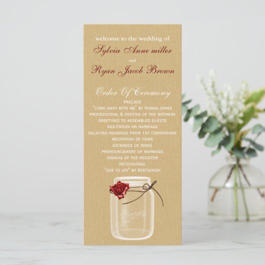 Burlap en Red Rose Mason Jar Wedding Programma Programmakaart (Staand voorkant)