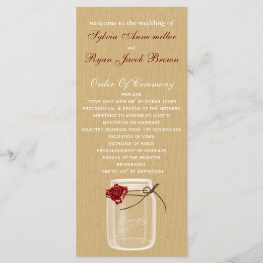 Burlap en Red Rose Mason Jar Wedding Programma Programmakaart (Voorkant)