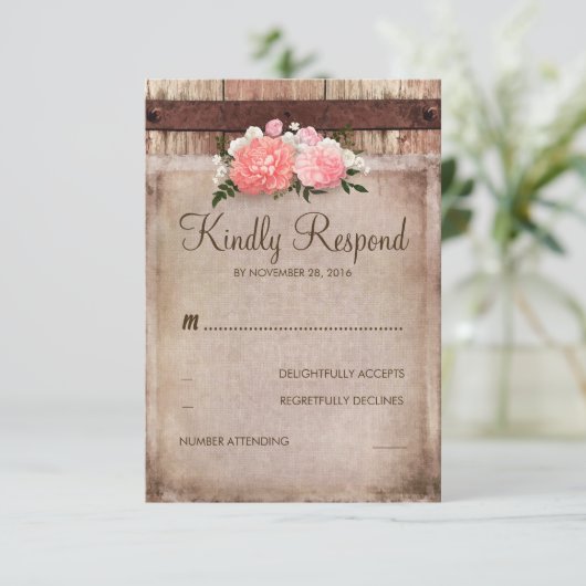 Burlap en Rustiek Hout Bloemen Huwelijk RSVP (Staand voorkant)