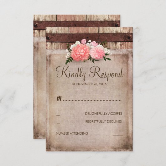 Burlap en Rustiek Hout Bloemen Huwelijk RSVP (Voorkant / Achterkant)