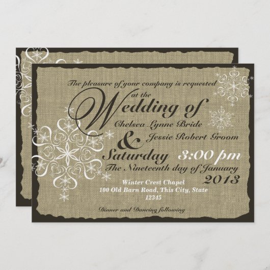 Burlap en sneeuwvlokken bruiloft 5 x 7 kaart (Voorkant / Achterkant)