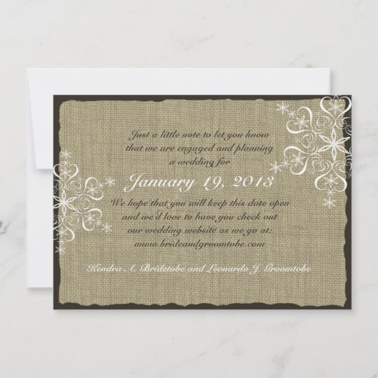 Burlap en Snowflakes Sla de datum op Save The Date (Achterkant)