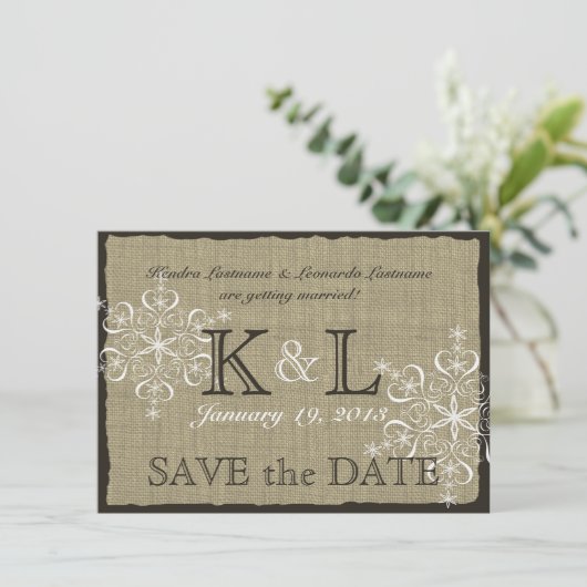 Burlap en Snowflakes Sla de datum op Save The Date (Staand voorkant)