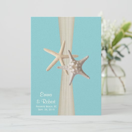 Burlap en Starfish Aqua Beach bruiloft Kaart (Staand voorkant)