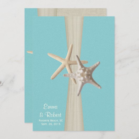 Burlap en Starfish Aqua Beach bruiloft Kaart (Voorkant / Achterkant)