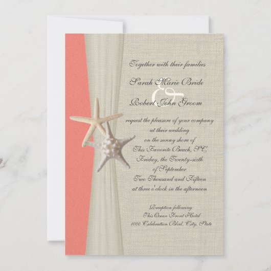 Burlap en Starfish Shell Coral Beach Wedding Kaart (Achterkant)