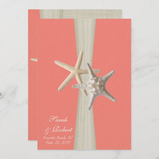 Burlap en Starfish Shell Coral Beach Wedding Kaart (Voorkant / Achterkant)