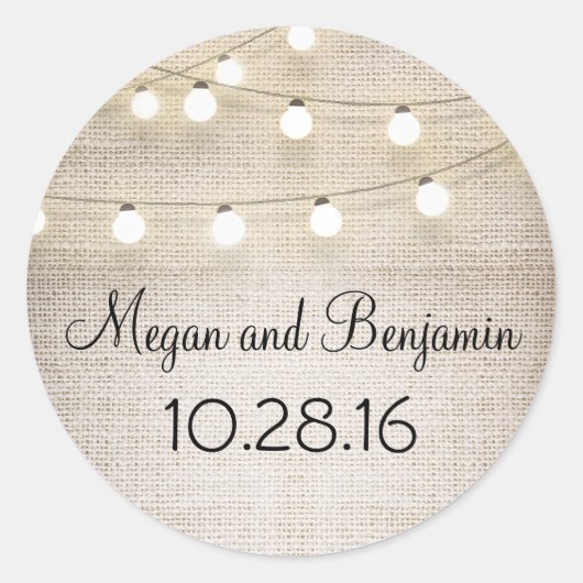 Burlap en String Lights Rustiek Ronde Sticker (Voorkant)