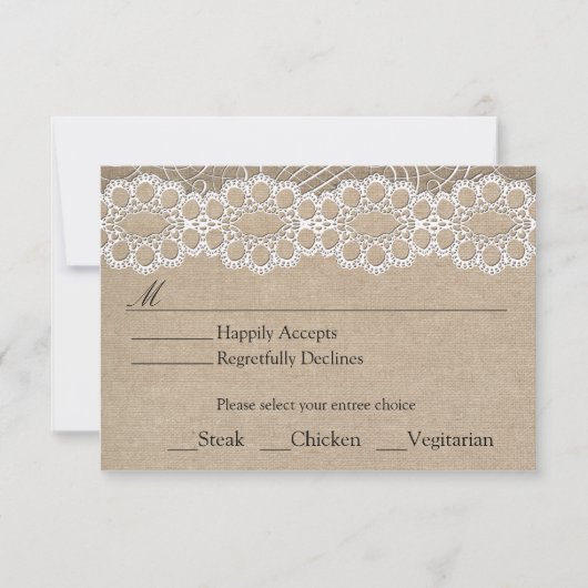 Burlap en Vintage Lace Shabby Chic Wedding RSVP (Voorkant)