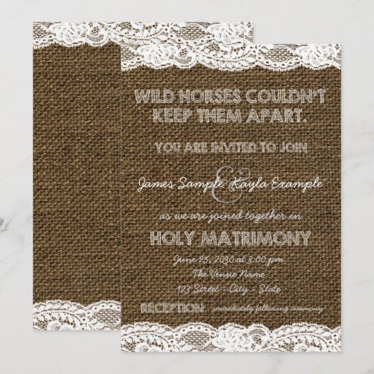 Burlap en White Lace bruiloft Kaart (Voorkant / Achterkant)