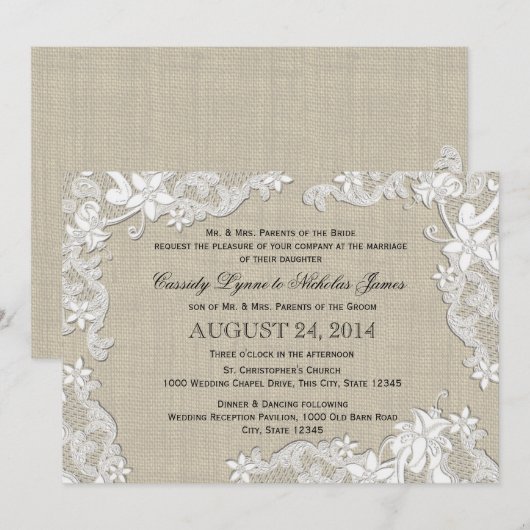  Burlap en White Lace Wedding Kaart (Voorkant / Achterkant)