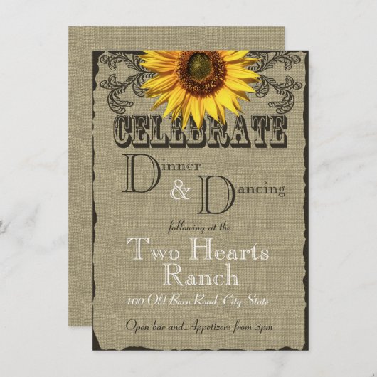 Burlap en zonnebloem Diner en Dans Kaart (Voorkant / Achterkant)
