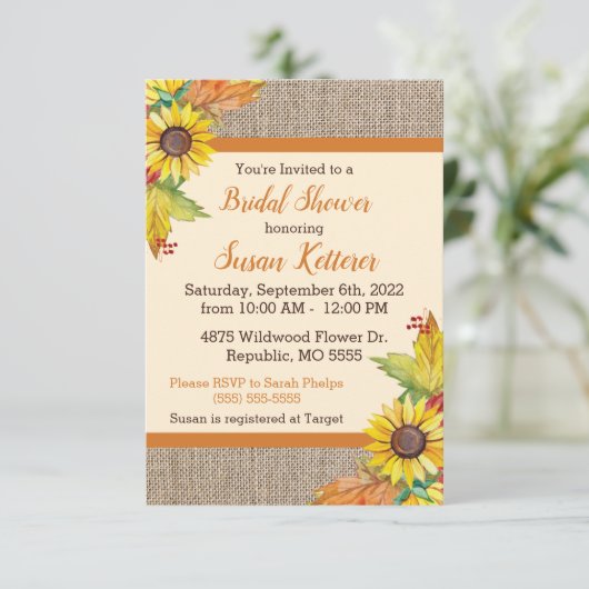 Burlap en Zonnebloemen Bruids Douche Uitnodiging (Staand voorkant)