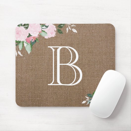 Burlap Floral Blooms Monogram Muismat (Met muis)