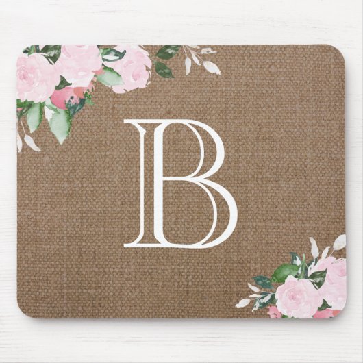 Burlap Floral Blooms Monogram Muismat (Voorkant)