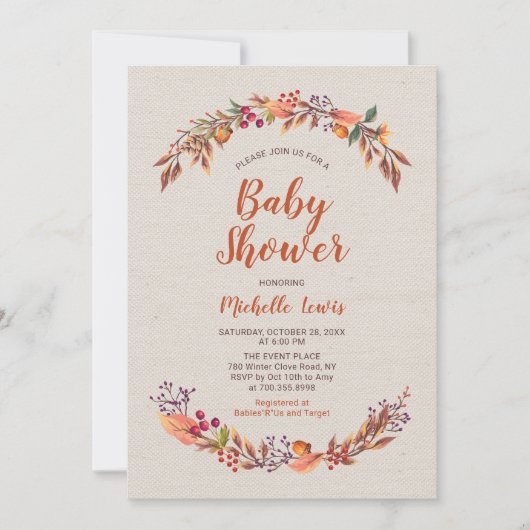 Burlap Floral Herfst Boy Baby shower Invitation Kaart (Voorkant)