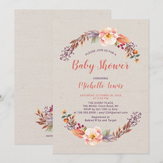 Burlap Floral Herfst Girl Baby shower Invitation Kaart (Voorkant / Achterkant)