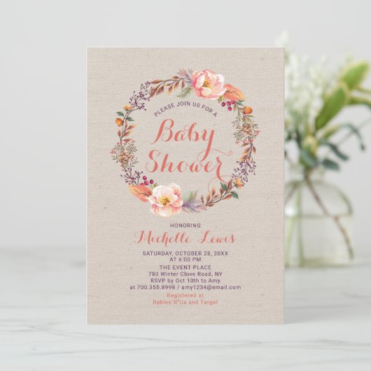 Burlap Floral Herfst Girl Baby shower Invitation Kaart (Staand voorkant)