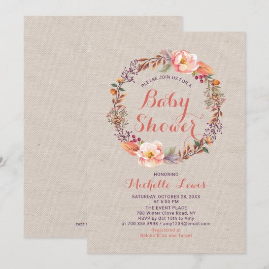 Burlap Floral Herfst Girl Baby shower Invitation Kaart (Voorkant / Achterkant)