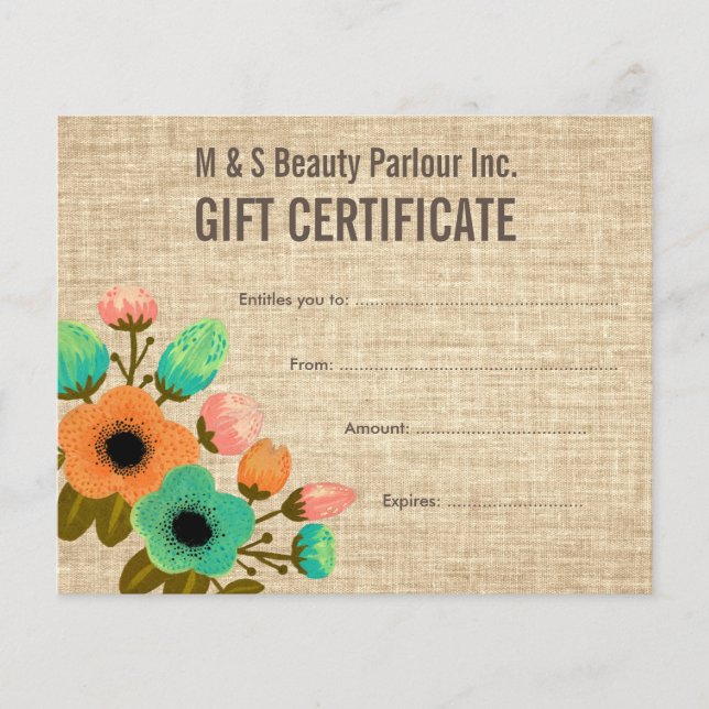 Burlap Floral Salon Gift Certificate Sjabloon (Voorkant)