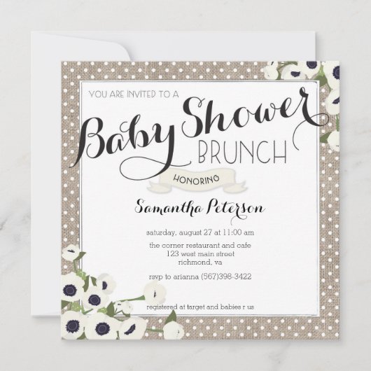 Burlap Flowers Baby shower Brunch Invitation Kaart (Voorkant)