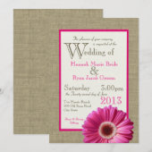Burlap Fuchsia Gerbera Daisy Wedding Kaart (Voorkant / Achterkant)