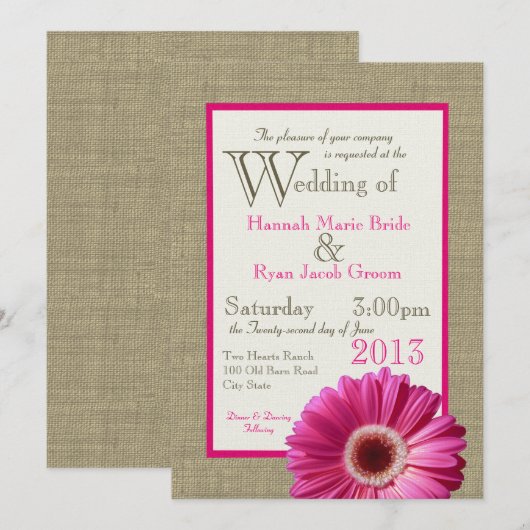 Burlap Fuchsia Gerbera Daisy Wedding Kaart (Voorkant / Achterkant)