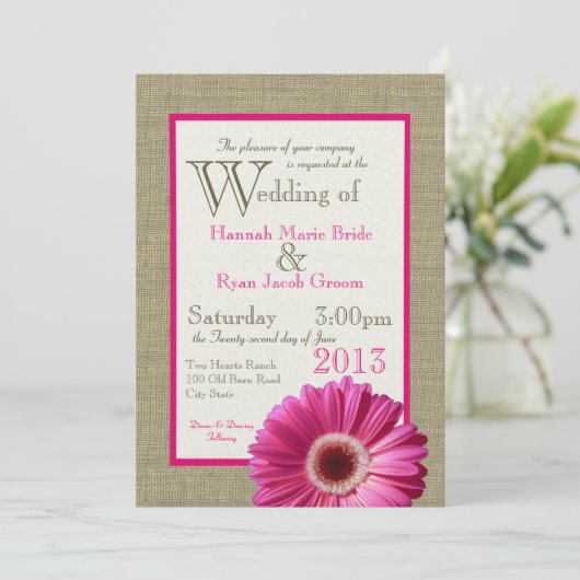 Burlap Fuchsia Gerbera Daisy Wedding Kaart (Staand voorkant)