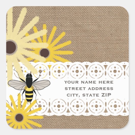 Burlap Geïnspireerd Black Eyed Susans & Bee Adres Vierkante Sticker (Voorkant)