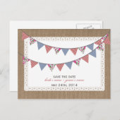 Burlap Geïnspireerd Gingham Bloemen Vlaggen Save T Aankondigingskaart (Voorkant / Achterkant)