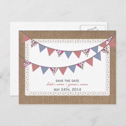 Burlap Geïnspireerd Gingham Bloemen Vlaggen Save T Aankondigingskaart (Voorkant / Achterkant)