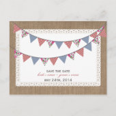 Burlap Geïnspireerd Gingham Bloemen Vlaggen Save T Aankondigingskaart (Voorkant)