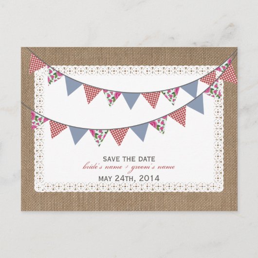 Burlap Geïnspireerd Gingham Bloemen Vlaggen Save T Aankondigingskaart (Voorkant)