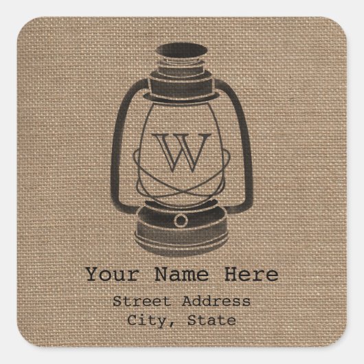 Burlap Geïnspireerd Monogram Lantaarn Adres Sticke Vierkante Sticker (Voorkant)