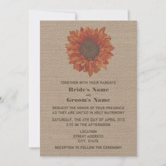 Burlap Geïnspireerd Oranje Sunflower Wedding Invit Kaart (Voorkant)