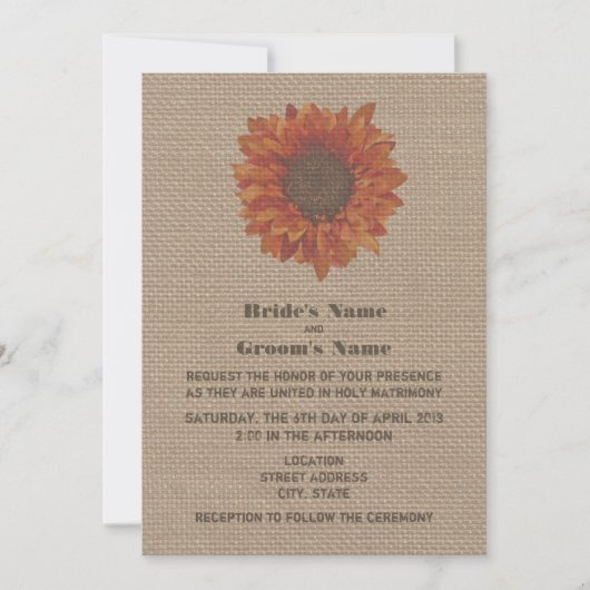 Burlap Geïnspireerd Oranje Sunflower Wedding Invit Kaart (Voorkant)