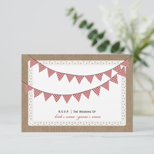 Burlap geïnspireerd rood gingham Bunting RSVP (Staand voorkant)