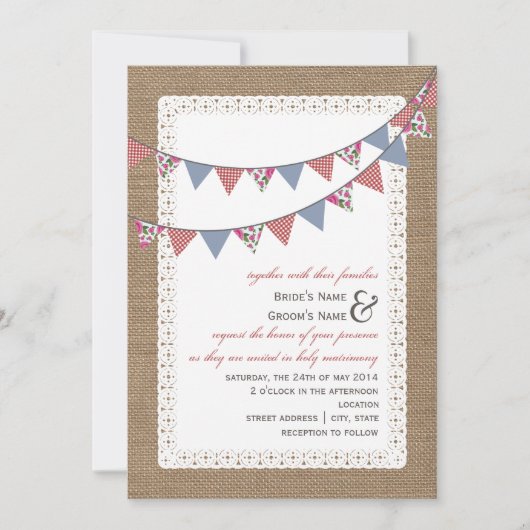Burlap Geïnspireerd tandham en Floral Bunting Wedd Kaart (Voorkant)