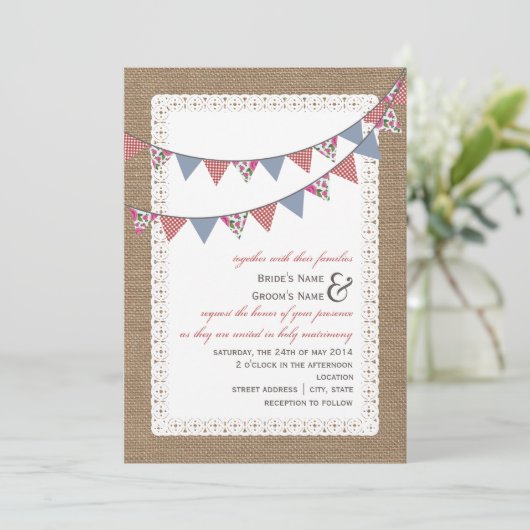 Burlap Geïnspireerd tandham en Floral Bunting Wedd Kaart (Staand voorkant)