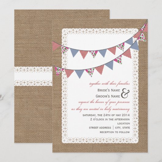 Burlap Geïnspireerd tandham en Floral Bunting Wedd Kaart (Voorkant / Achterkant)