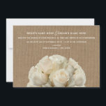 Burlap Geïnspireerd White Roses Wedding Invitation Kaart<br><div class="desc">Een trouwuitnodiging met een afbeelding witte rozen onderaan boven een achtergrondafbeelding van een schoot.  Pas de tekst aan met details van uw gelegenheid. Woorden zijn van bruid en bruid.</div>