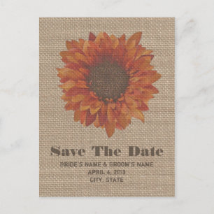 Burlap geïnspireerde Oranje zonnebloem Save the Da Aankondigingskaart