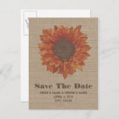 Burlap geïnspireerde Oranje zonnebloem Save the Da Aankondigingskaart (Voorkant / Achterkant)