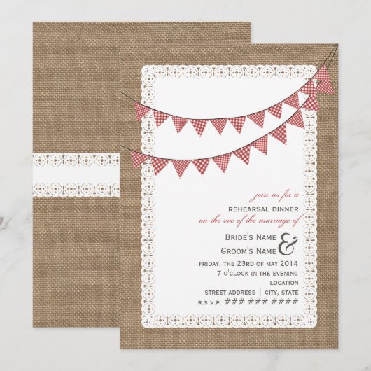 Burlap Geïnspireerde Red Gingham Bunting Rehearsal Kaart (Voorkant / Achterkant)