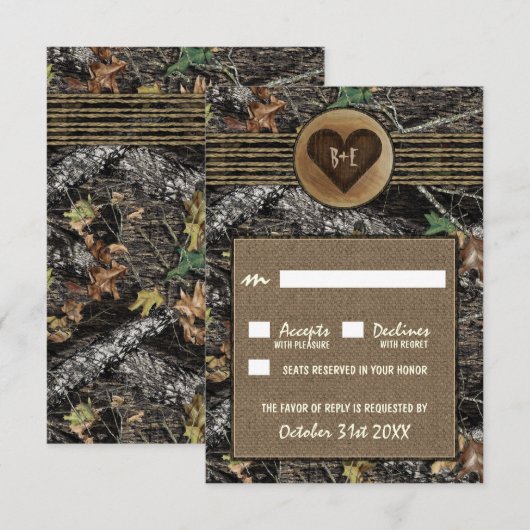 Burlap + gesneden hart Camo bruiloft RSVP Kaarten (Voorkant / Achterkant)